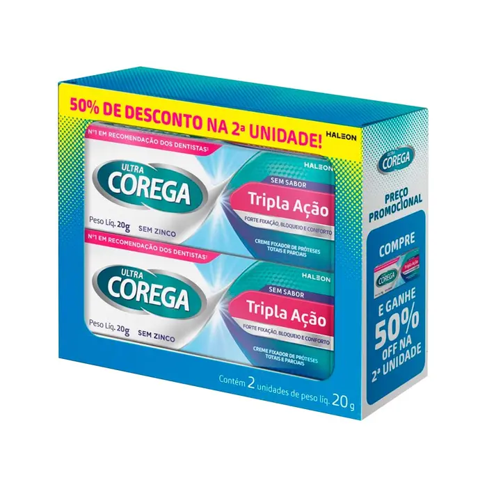 Creme Fixador de Proteses Dentarias Tripla Acao sem Sabor com de Cada Promocional Corega 2x2un