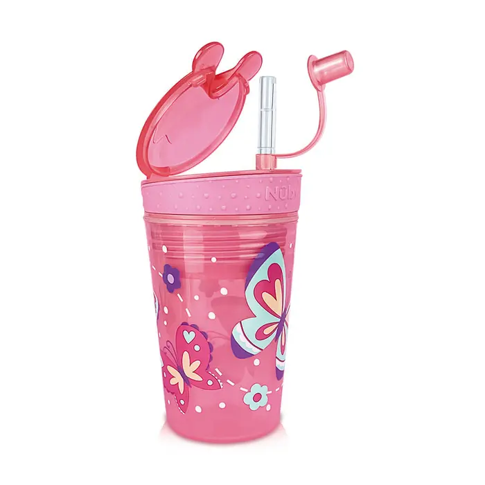 Copo 2 em 1 com Canudo Porta Snack Rosa Nuby 270ml