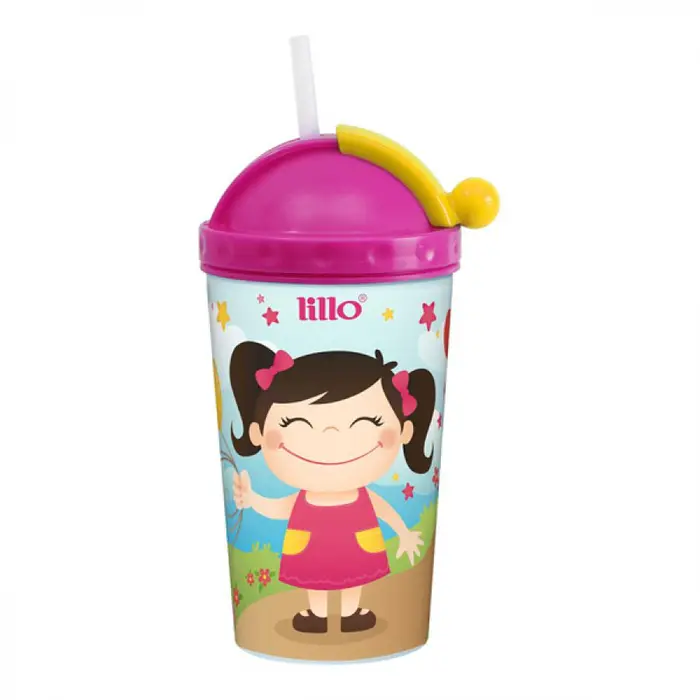Copo com Canudo Retrátil Rosa Lillo 450ml