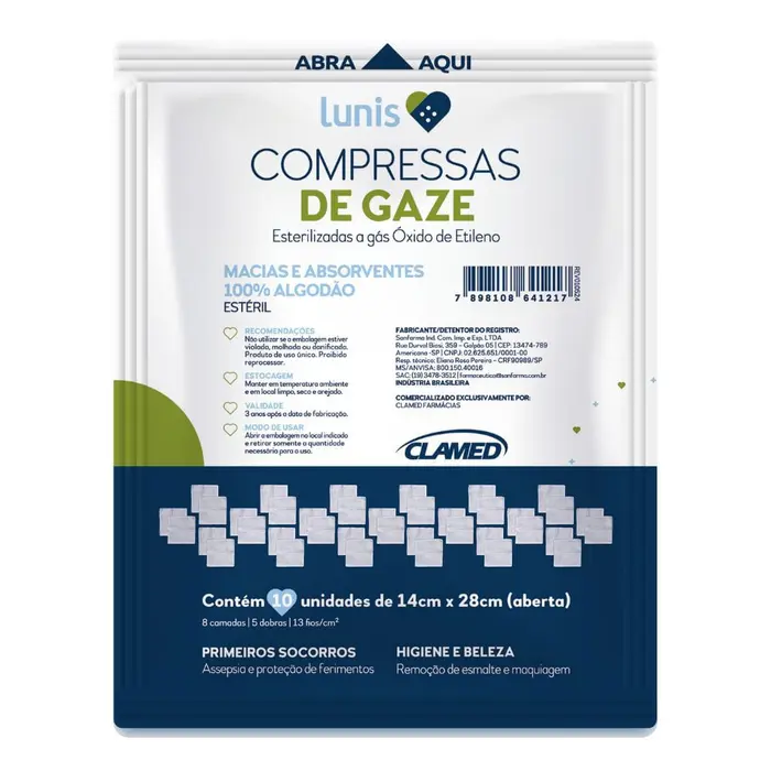 Compressa de Gaze Macia e Absorvente Lunis 10un