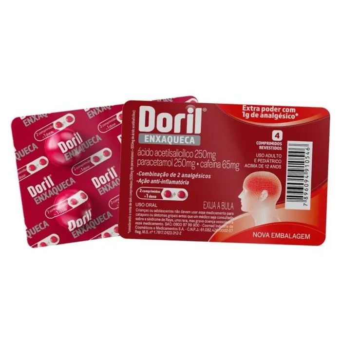 Analgésico Enxaqueca Ácido Acetilsalicílico + Paracetamol + Cafeína 4 Comprimidos Doril 0.25g