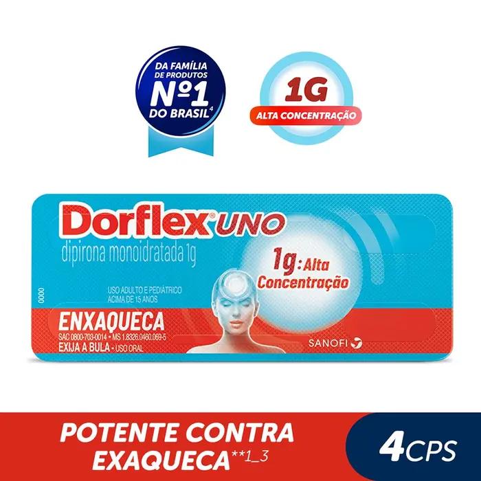 Uno para Enxaqueca Dipirona Monoidratada 4 Comprimidos Dorflex 1g