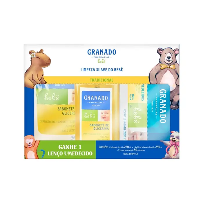 Kit Limpeza do Bebe com Sabonete Liquido + Lenco Umedecido Especial Suave Granado Refil 250ml