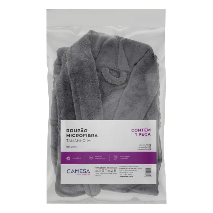 Roupão Microfibra Antialergico Cinza Camesa Tamanho M