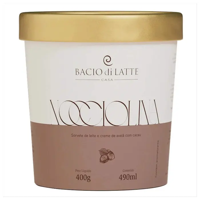 Sorvete de Leite e Creme de Avelã com Cacau Nocciolina Bacio Di Latte Pote 490ml